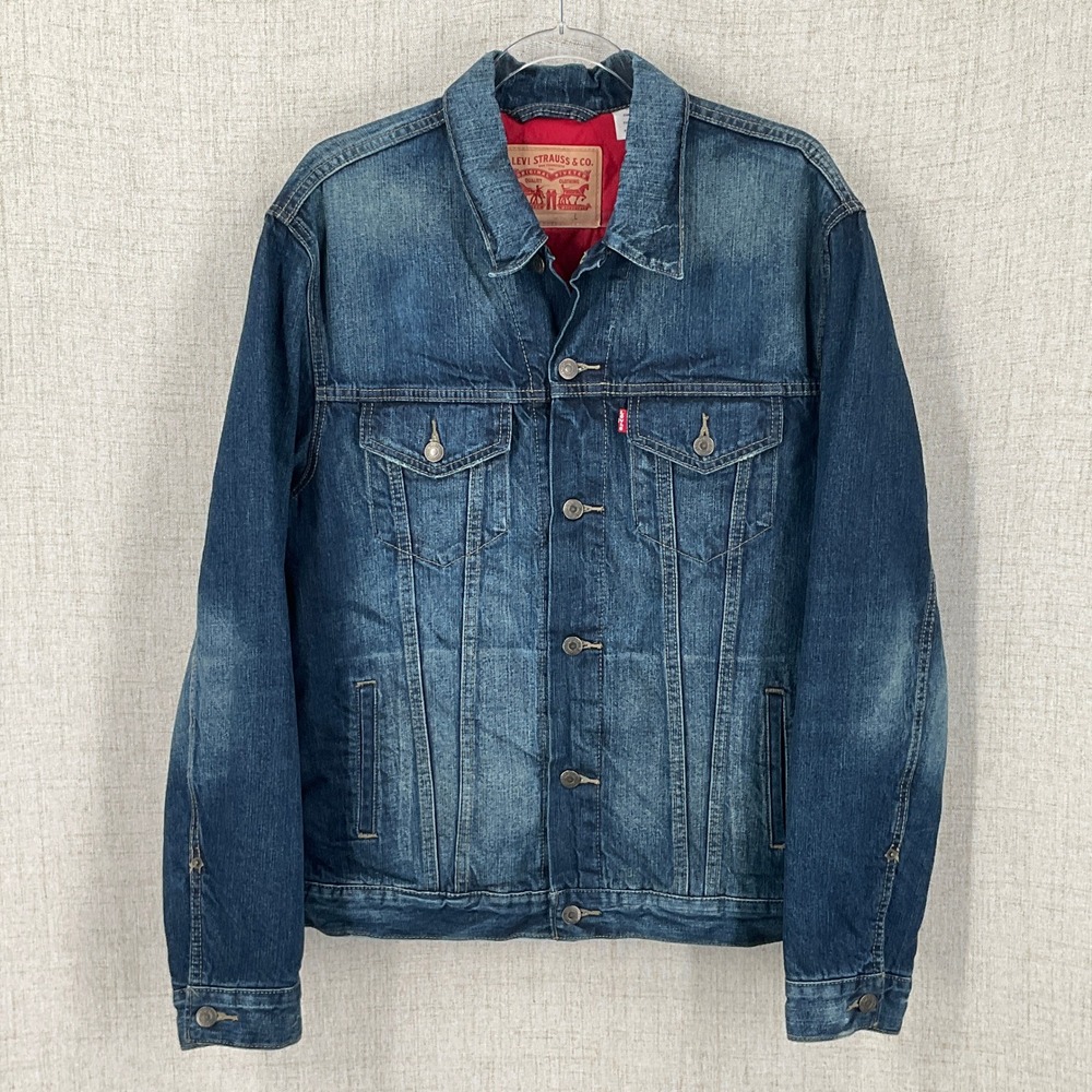 Levi Strauss Denim Trucker Jacket Mens L Blue Quilted Red Lining Insulated